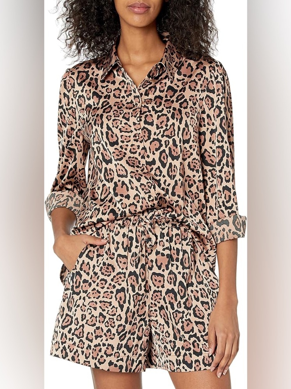Leopard Print Button-Up Blouse and shorts matching set